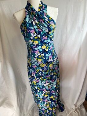 RACHEL Rachel Roy Navy Blue Floral Halter Maxi with Yellow and Pink Accents Xl